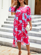 Gown Printing Round Loose Woven for Neck Women