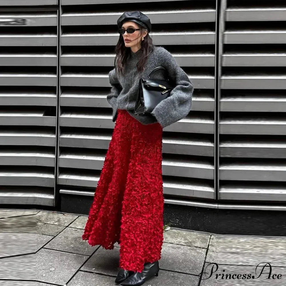 Graceful 3D Blossom Solid A-Line Stretchable High Waist Skirt