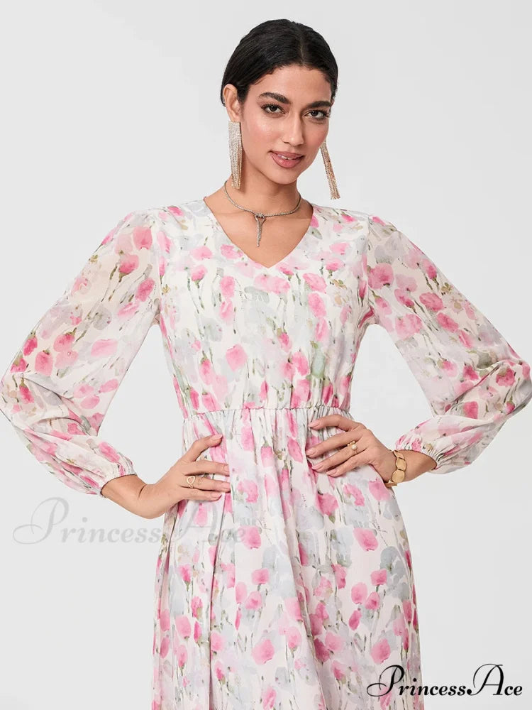 Graceful Botanical Cascading Long Sleeve A-Line Floral Dress