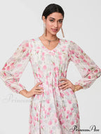 Graceful Botanical Cascading Long Sleeve A-Line Floral Dress
