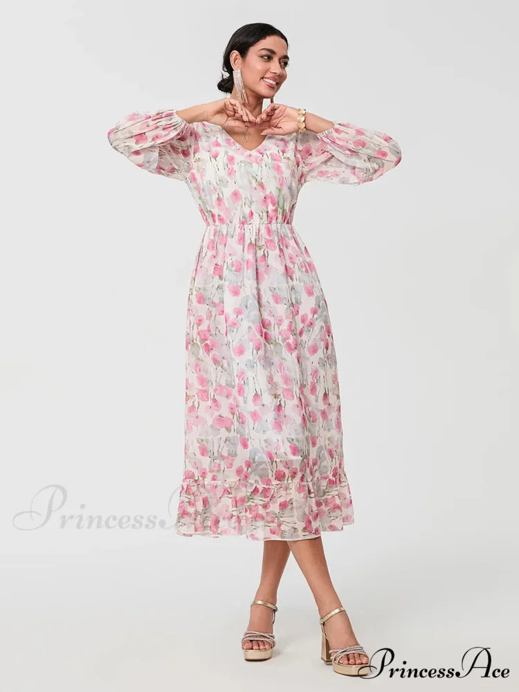 Graceful Botanical Cascading Long Sleeve A-Line Floral Dress