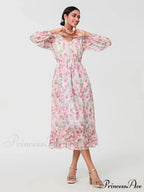 Graceful Botanical Cascading Long Sleeve A-Line Floral Dress