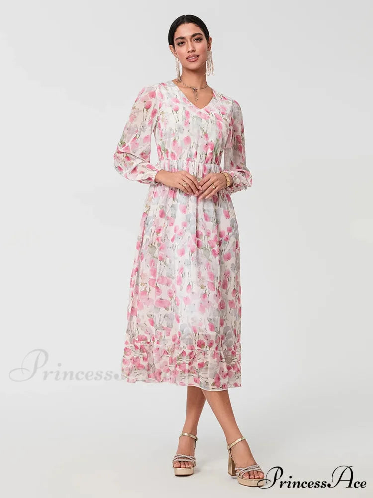 Graceful Botanical Cascading Long Sleeve A-Line Floral Dress