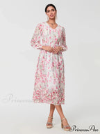 Graceful Botanical Cascading Long Sleeve A-Line Floral Dress