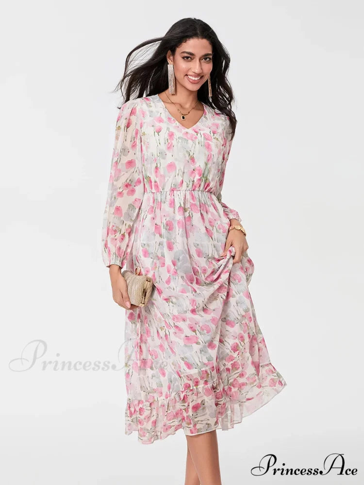 Graceful Botanical Cascading Long Sleeve A-Line Floral Dress