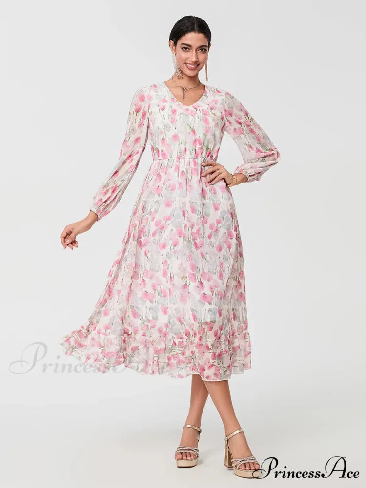 Graceful Botanical Cascading Long Sleeve A-Line Floral Dress