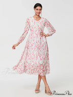 Graceful Botanical Cascading Long Sleeve A-Line Floral Dress