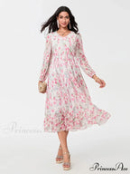 Graceful Botanical Cascading Long Sleeve A-Line Floral Dress
