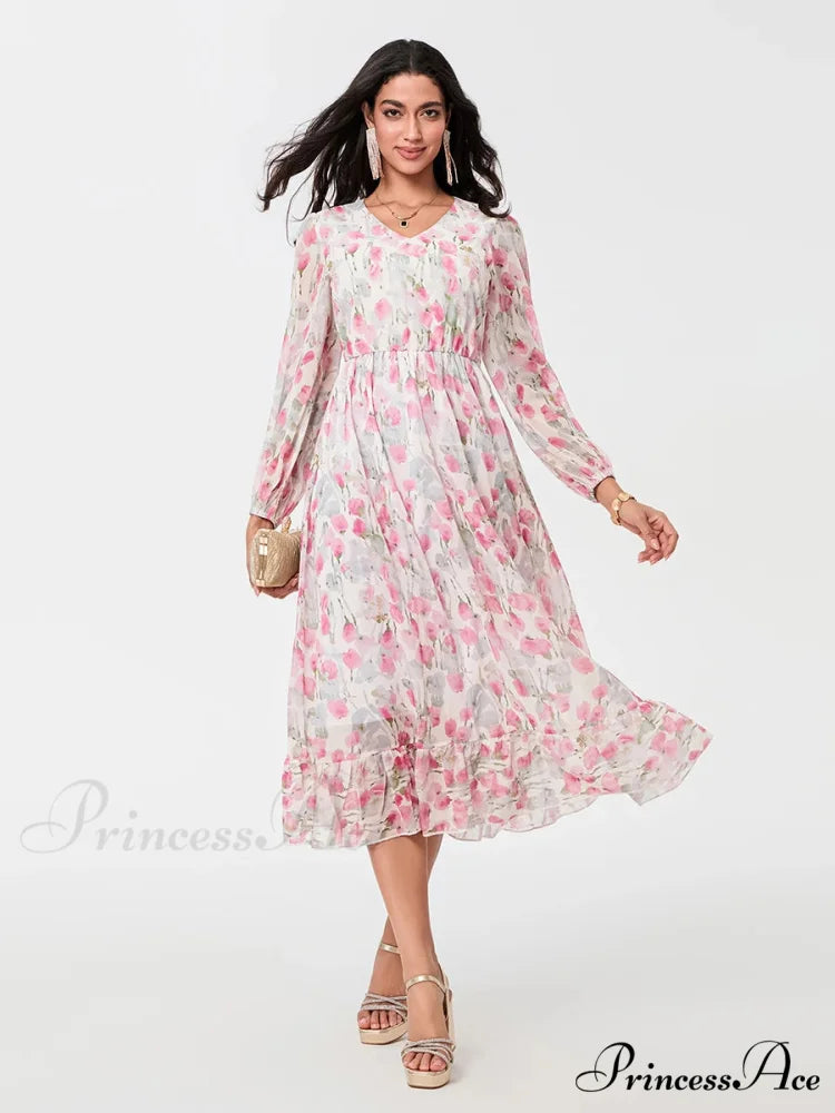 Graceful Botanical Cascading Long Sleeve A-Line Floral Dress