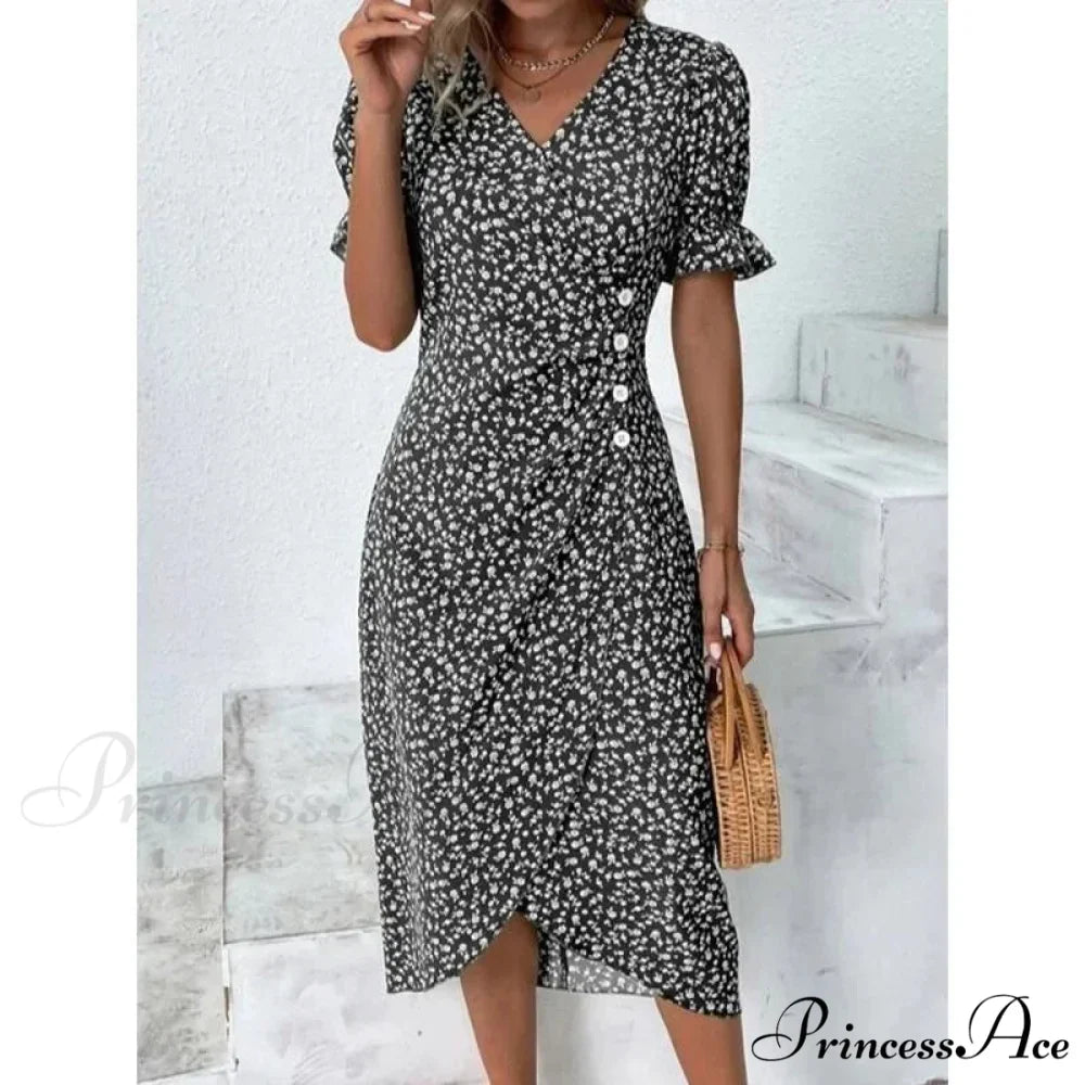 Graceful Flower Midi Puff Sleeve Gathered Waist Flower Dress