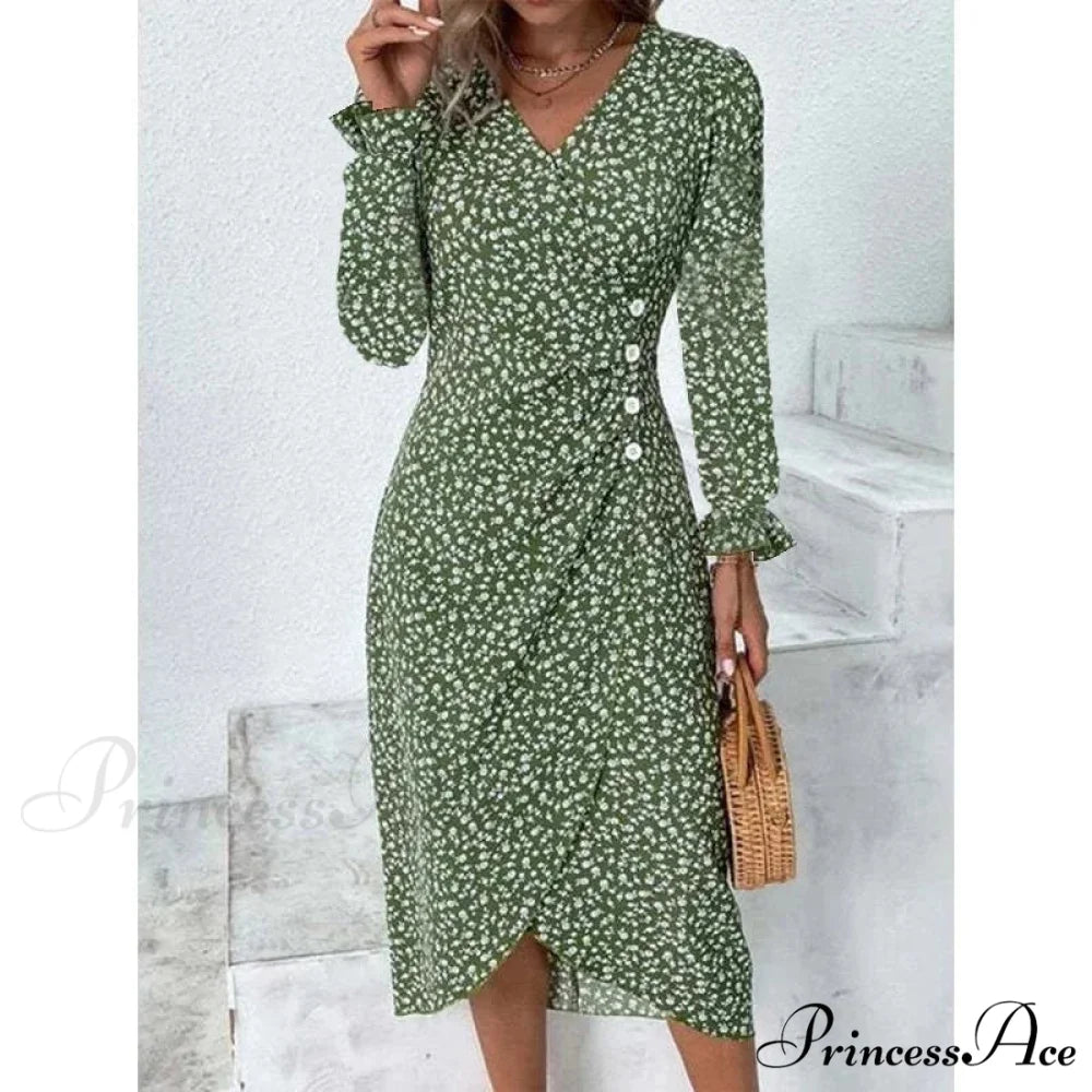 Graceful Flower Midi Puff Sleeve Gathered Waist Flower Dress
