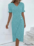 Graceful Flower Midi Puff Sleeve Gathered Waist Flower Dress