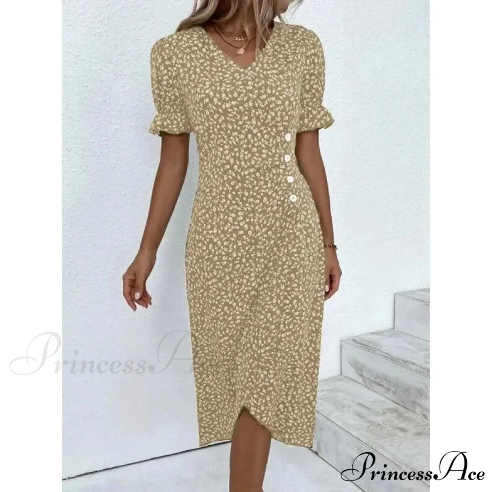 Graceful Flower Midi Puff Sleeve Gathered Waist Flower Dress