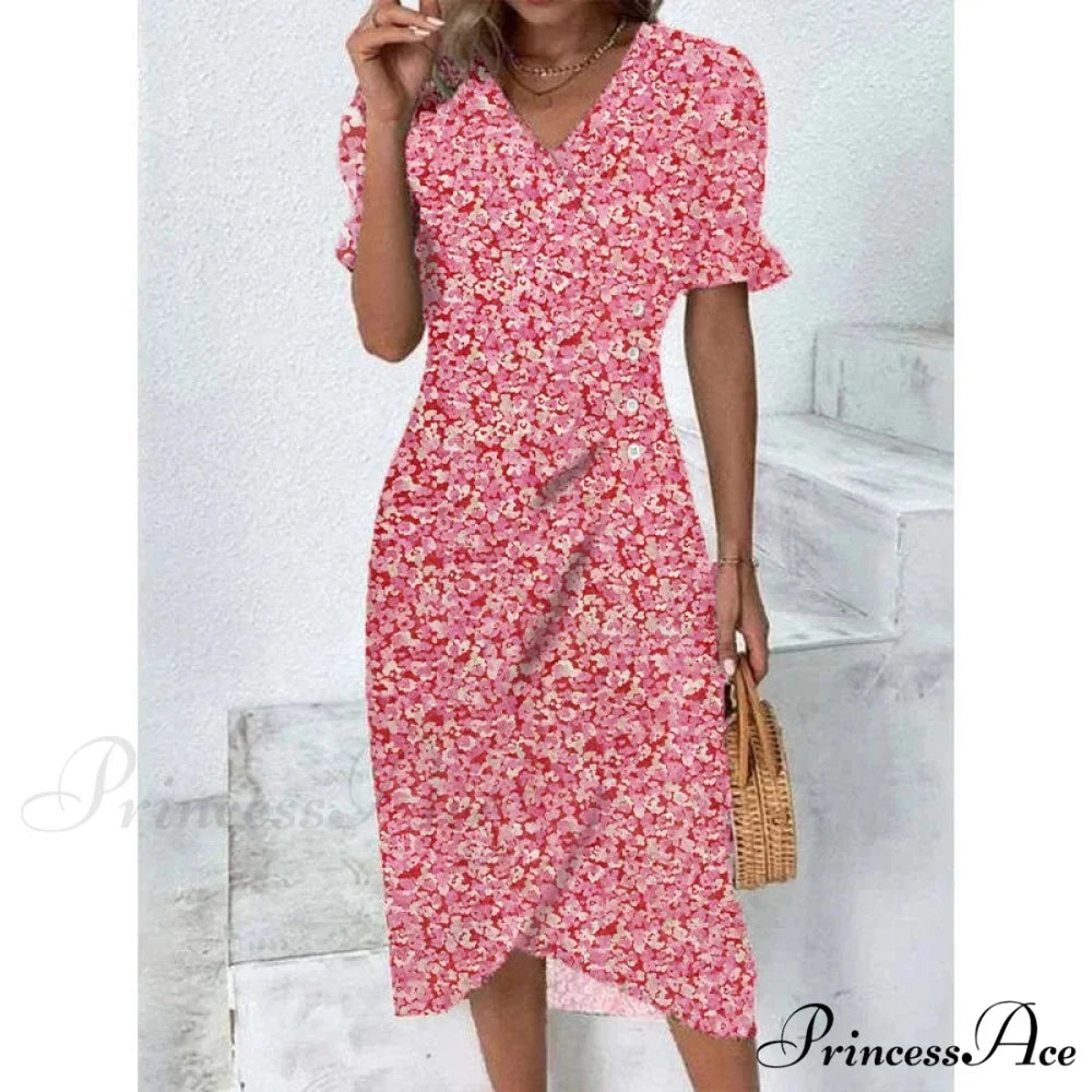 Graceful Flower Midi Puff Sleeve Gathered Waist Flower Dress