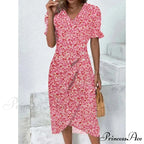 Graceful Flower Midi Puff Sleeve Gathered Waist Flower Dress