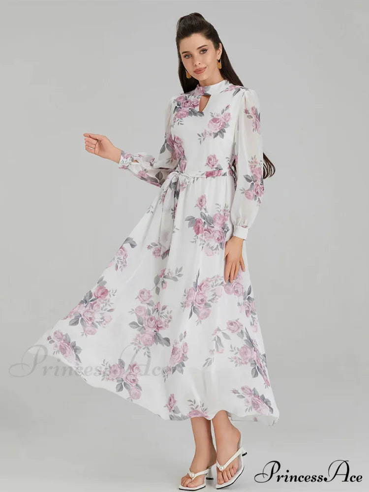 Graceful Flower Pattern Chiffon Long Lantern Sleeve Cinch Waist Flower Dress