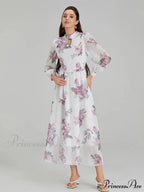Graceful Flower Pattern Chiffon Long Lantern Sleeve Cinch Waist Flower Dress