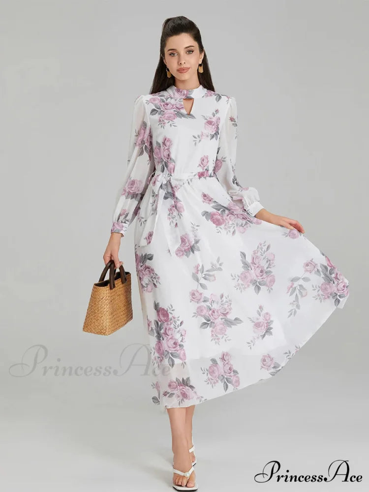 Graceful Flower Pattern Chiffon Long Lantern Sleeve Cinch Waist Flower Dress