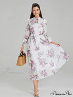 Graceful Flower Pattern Chiffon Long Lantern Sleeve Cinch Waist Flower Dress
