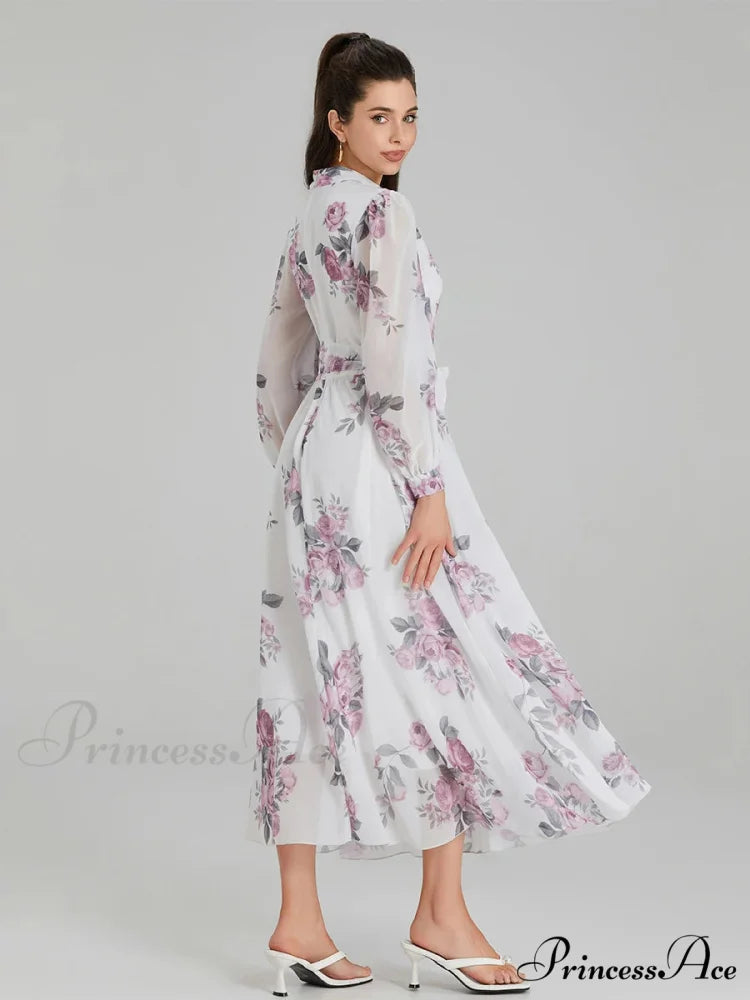 Graceful Flower Pattern Chiffon Long Lantern Sleeve Cinch Waist Flower Dress