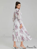 Graceful Flower Pattern Chiffon Long Lantern Sleeve Cinch Waist Flower Dress