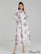 Graceful Flower Pattern Chiffon Long Lantern Sleeve Cinch Waist Flower Dress