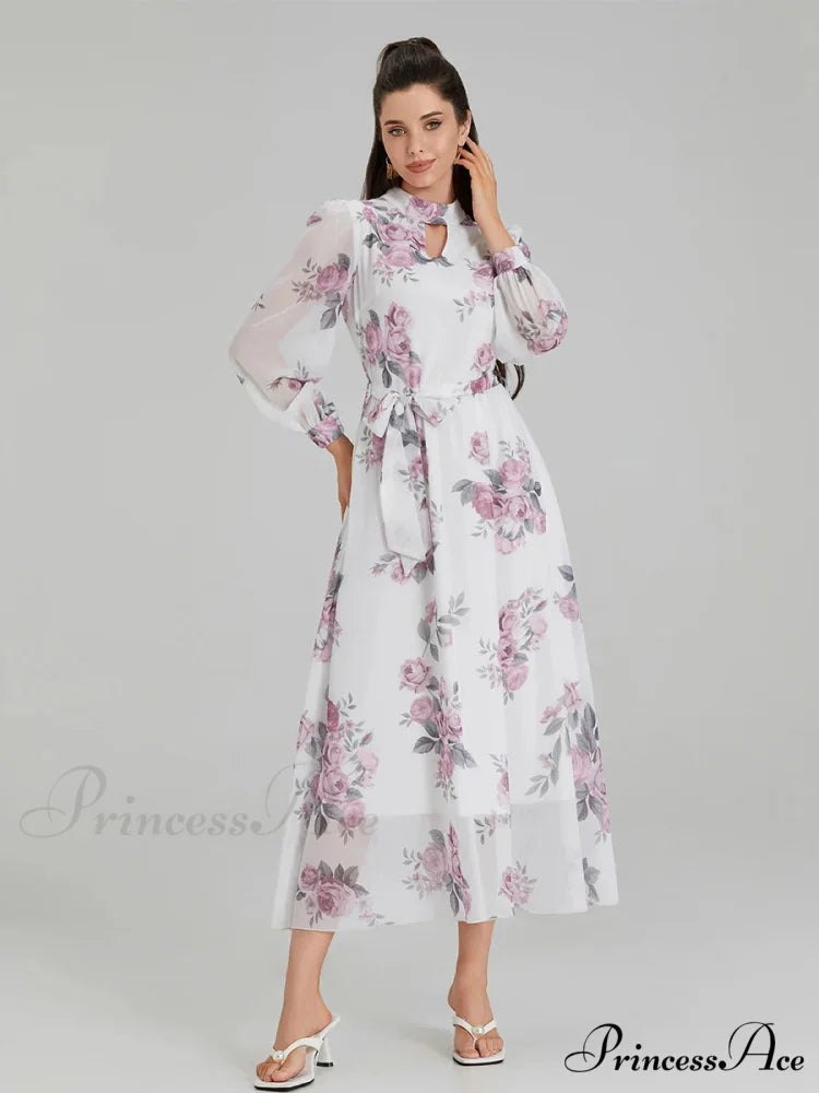 Graceful Flower Pattern Chiffon Long Lantern Sleeve Cinch Waist Flower Dress