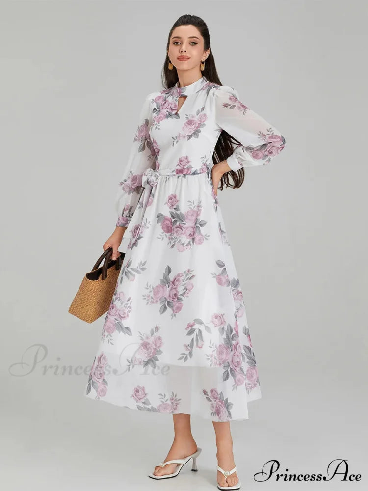 Graceful Flower Pattern Chiffon Long Lantern Sleeve Cinch Waist Flower Dress