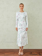 Graceful Flower Pattern Fishtail O-neck Wrap Midi Flower Dress