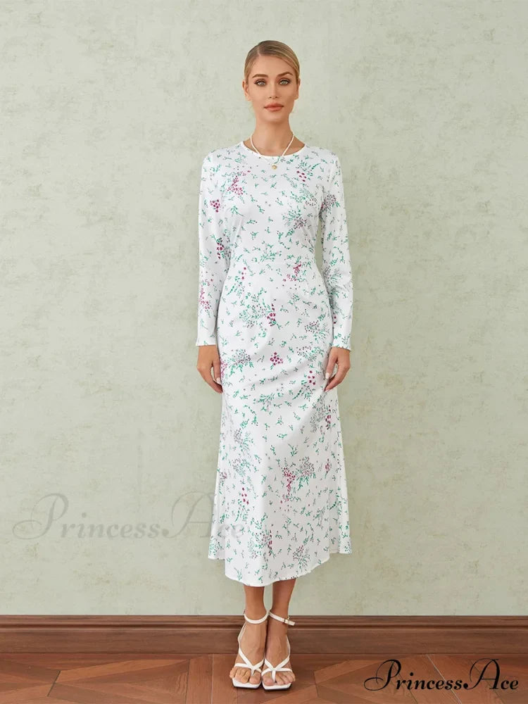 Graceful Flower Pattern Fishtail O-neck Wrap Midi Flower Dress