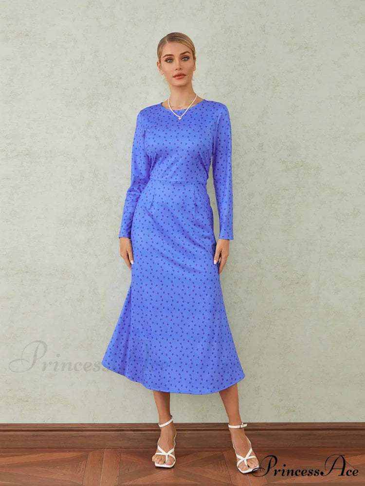 Graceful Flower Pattern Fishtail O-neck Wrap Midi Flower Dress