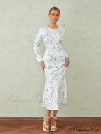 Graceful Flower Pattern Fishtail O-neck Wrap Midi Flower Dress