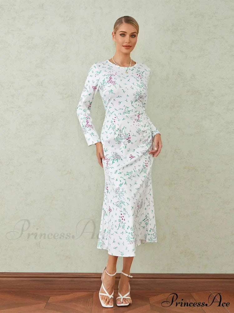 Graceful Flower Pattern Fishtail O-neck Wrap Midi Flower Dress