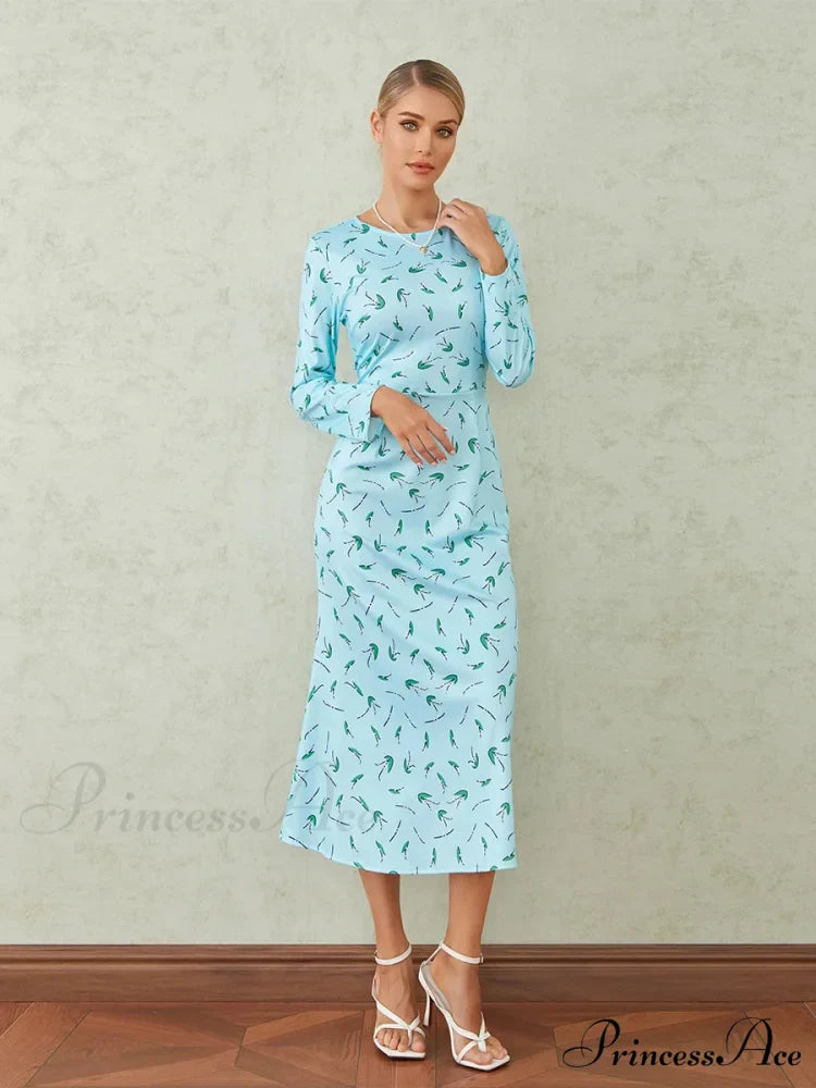 Graceful Flower Pattern Fishtail O-neck Wrap Midi Flower Dress