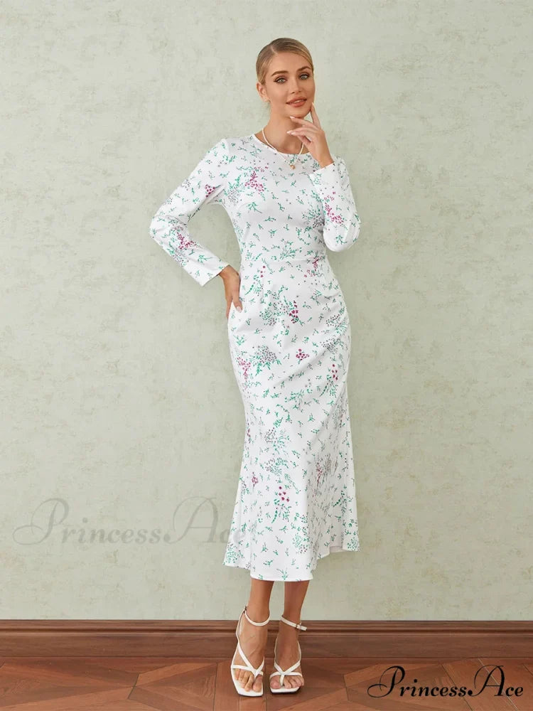 Graceful Flower Pattern Fishtail O-neck Wrap Midi Flower Dress