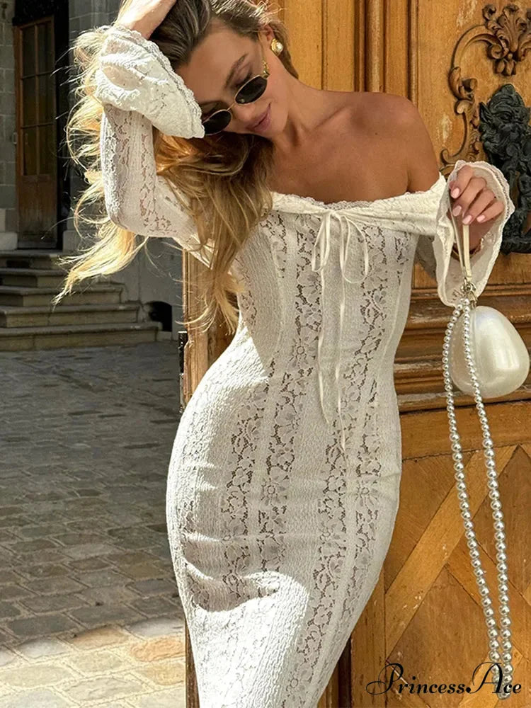 Graceful Lace Mesh Transparent Floral Bodycon Hollow Out Floral Dress