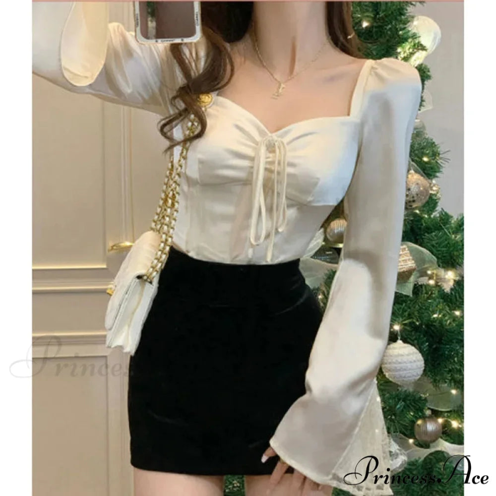 Graceful Lace Patchwork Flounce Sleeve Seductive Slender Blouse