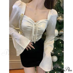 Graceful Lace Patchwork Flounce Sleeve Seductive Slender Blouse