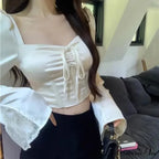 Graceful Lace Patchwork Flounce Sleeve Seductive Slender Blouse