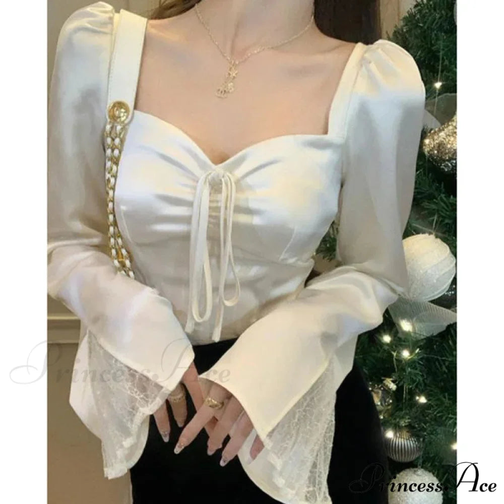 Graceful Lace Patchwork Flounce Sleeve Seductive Slender Blouse