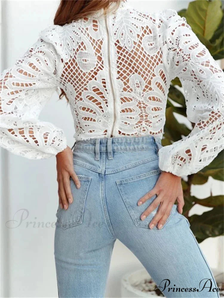 Graceful Lace Puff Sleeve Trim Fit Crop Blouse