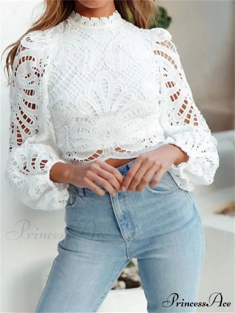 Graceful Lace Puff Sleeve Trim Fit Crop Blouse