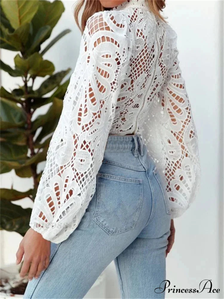Graceful Lace Puff Sleeve Trim Fit Crop Blouse