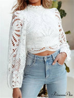 Graceful Lace Puff Sleeve Trim Fit Crop Blouse