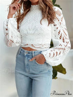 Graceful Lace Puff Sleeve Trim Fit Crop Blouse