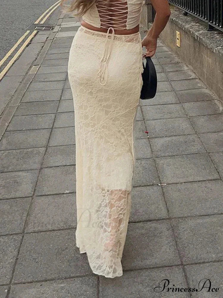 Graceful Lace Trumpet Skirt Festive Transparent Maxi Skirt