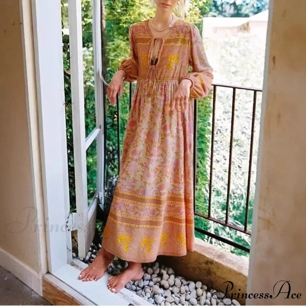 Graceful Lace-up Fringe Botanical Pattern Rayon Bohemian Maxi Kaftan Dress