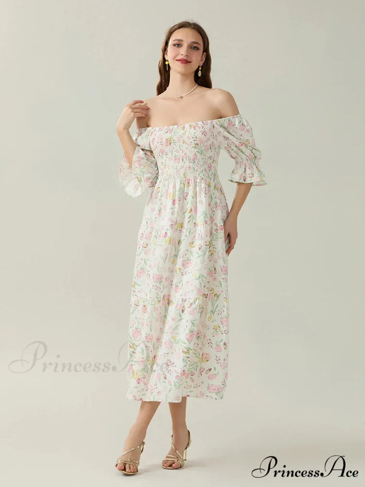 Graceful Off-Shoulder Celebration Half Sleeve Square Neck A-line Floral Dress