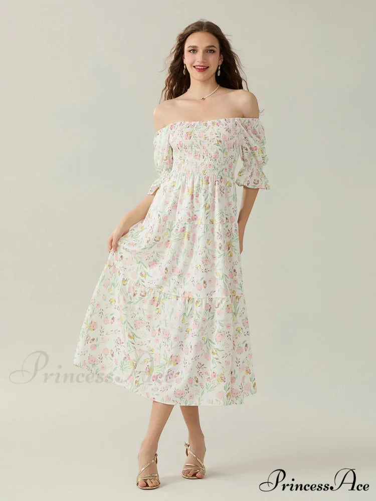 Graceful Off-Shoulder Celebration Half Sleeve Square Neck A-line Floral Dress