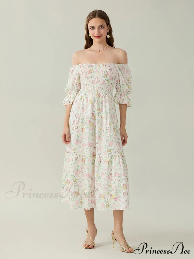 Graceful Off-Shoulder Celebration Half Sleeve Square Neck A-line Floral Dress